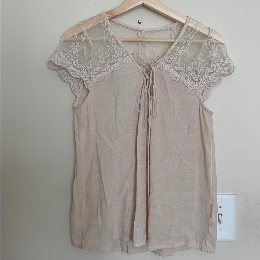 Beige Lace Up Detail Flowy Top